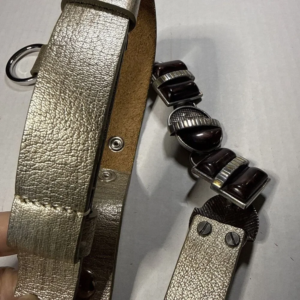 Vintage Chico's Metallic Silver Leather Geometric Cabochons Chain Hip Belt S/M